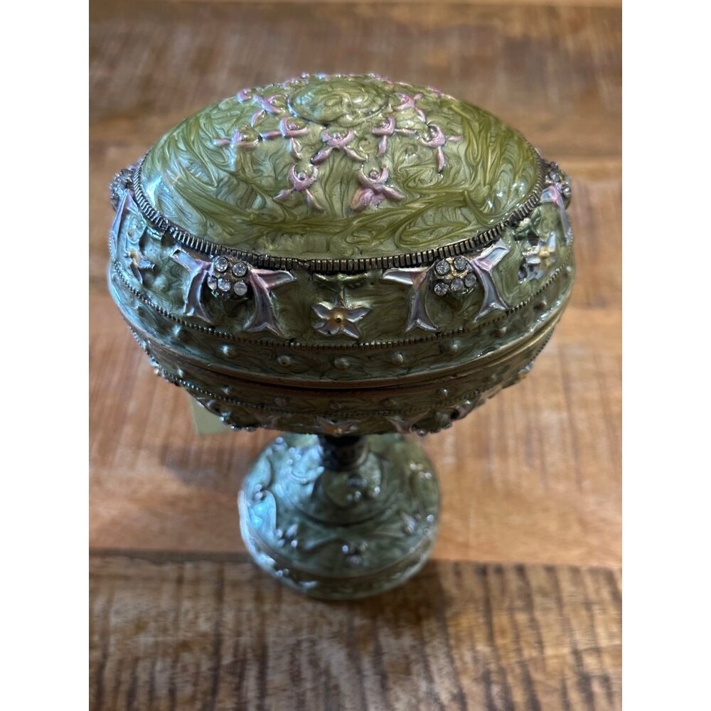 Vintage Rue Moliere Green Jeweled Enameled Egg Shaped Music Box, Swan Lake